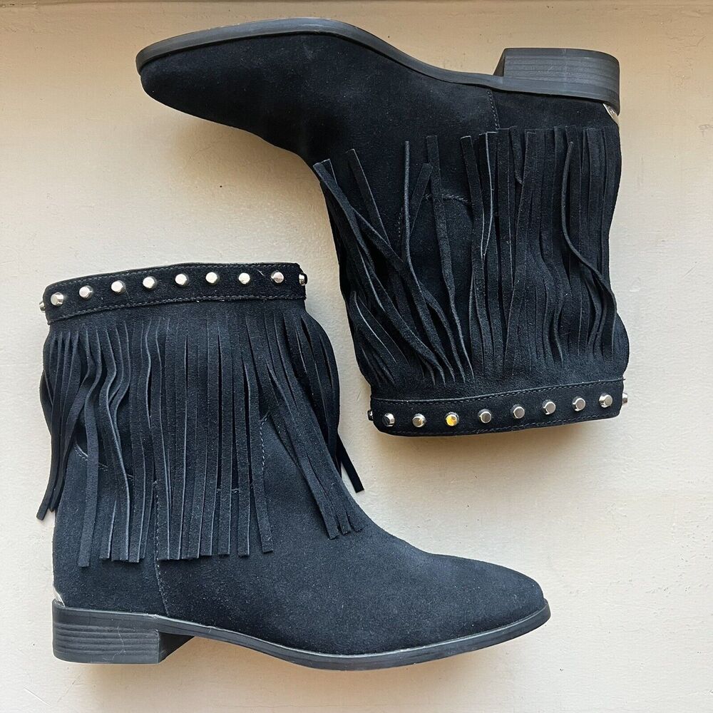Michael Kors Silver Studded Black Suede Boots Fringe Western Cowgirl Women 8.5